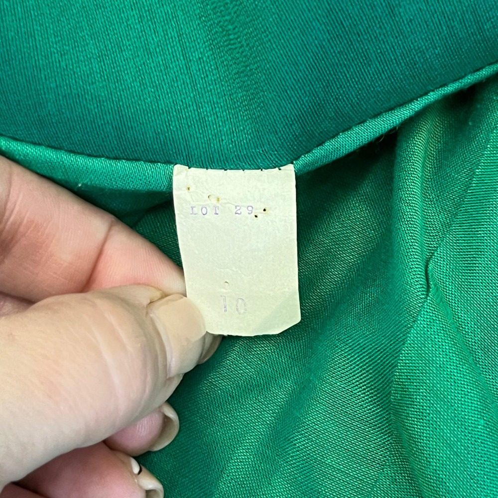 Vintage 1959–62 Emerald Shantung Cocktail Coat Crystal Buttons & Satin Bow‎ Belt - Picture 9 of 9